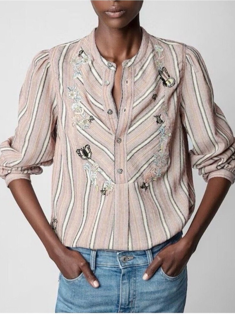 NWT Zadig & Voltaire Teda Embroidered Striped Blouse Pink Floral Butterfly XS